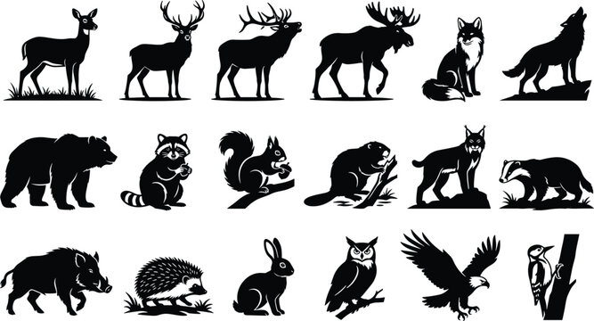 Wild animal silhouette vector illustrations featuring deer, bear, wolf, fox, eagle, owl, and woodland creatures