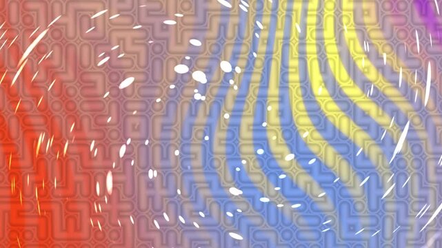 Abstract colorful background with maze pattern and wavy vibrant stripes.