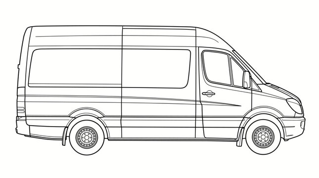Line art drawing of a modern cargo van side view. Vector illustration. Isolated on a white background.