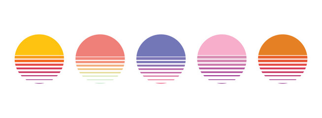 Fototapeta premium Retro sunset sun and water silhouette. Bright vintage 90s style summer logo or icon isolated on white background. 