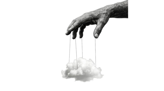 Human hand holding cloud with strings like puppet concept isolated on png background