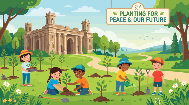 Children planting trees near historical monument for a greener future