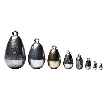 Assortment of lead fishing weights in varying sizes and metallic finishes isolated on transparent background
