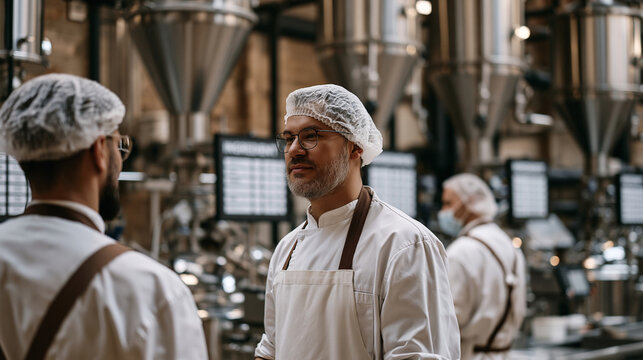 Plant based protein extraction pilot line at a pea processing facility, workers in hairnets and aprons monitoring wet fractionation equipment, stainless cyclone separators and