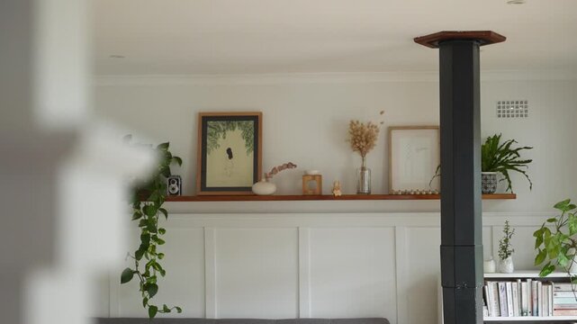 Interior scene with plants and decor on a shelf in a room
