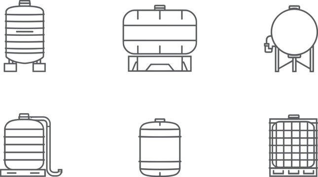Minimalist vector line art icon set featuring industrial and residential water storage tanks collection including IBC tote vertical horizontal cisterns isolated on white