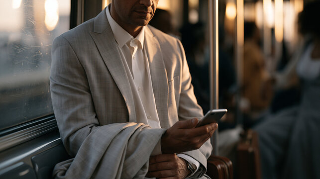 Early morning commuter in crowded subway car watches microlearning mobile bite sized leadership scenario on phone screen, suit jacket folded over arm, briefcase at feet, urban