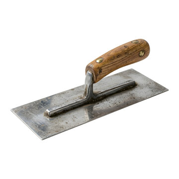 Old metal plastering trowel with wooden handle for construction work isolated on transparent background