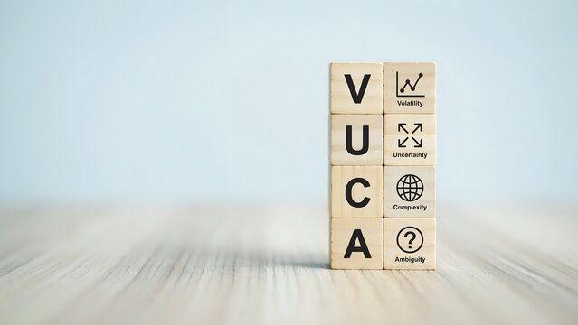 A stack of wooden blocks with VUCA letters standing on a table