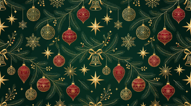 Elegant Luxury Christmas Seamless Pattern with Gold and Red Ornaments and Pine Branches on Dark Green Background