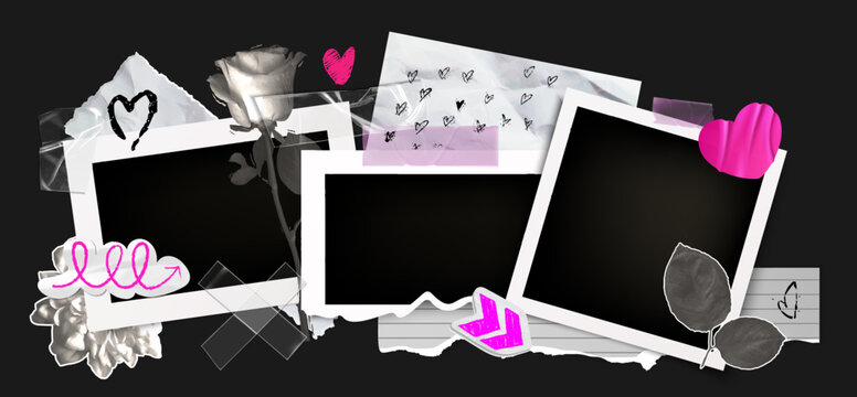 Y2k torn paper notes collage with instant photo frames, retro stickers, and adhesive tape elements, 3d vector design templates on black background. Vintage scrapbook aesthetic with realistic texture