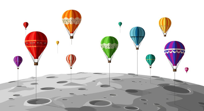 Colorful hot air balloons floating above a surreal moonscape with craters.