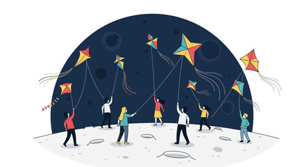 People flying kites on the moon, outer space adventure, diverse group, colorful kites, whimsical illustration © Pratama