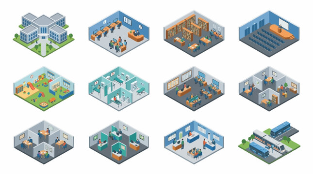 Isometric illustrations of various office spaces and building types, showcasing different work environments and architectural designs.