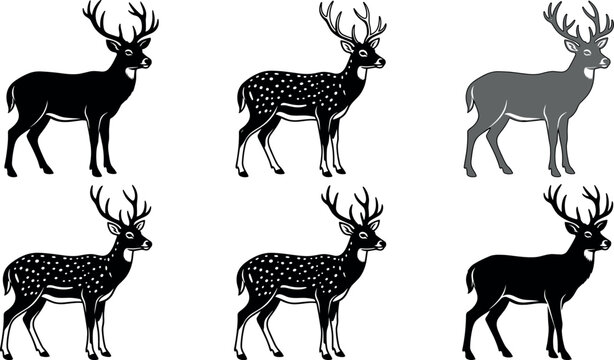 Stag Deer and Spotted Fallow Buck Silhouette Icon Collection with Mighty Antlers for Hunting Club Logos and Nature Graphic DesignsStag
