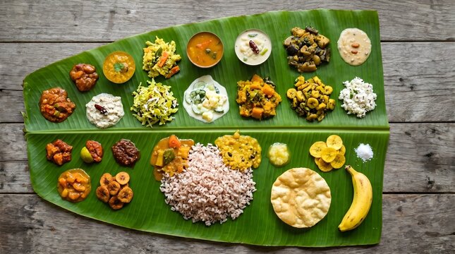 Kerala Onam Sadya Feast on Banana Leaf Overhead Flat Lay