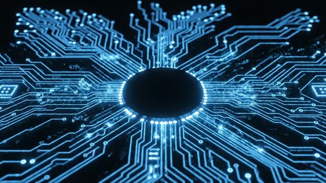 A glowing blue digital circuit board pattern radiates from a central dark circle