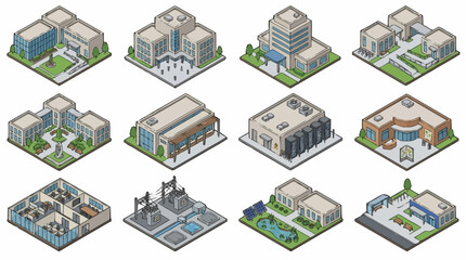 Isometric illustrations of various modern buildings and architectural structures in a clean, professional style. © Siswa