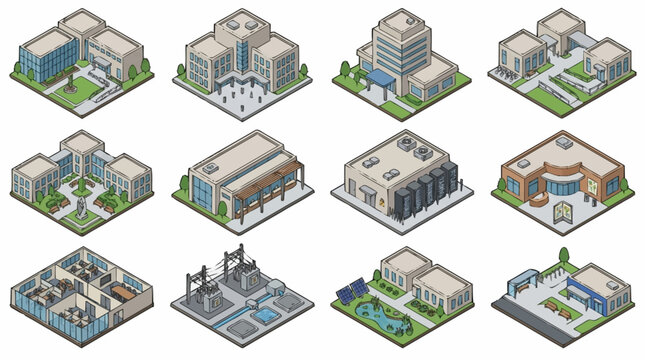 Isometric illustrations of various modern buildings and architectural structures in a clean, professional style.