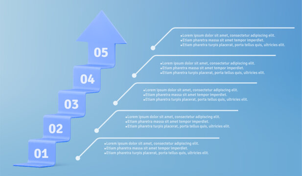 3d infographic 5 steps stair with arrow, abstract business growth process, vector background. Blue staircase diagram with progress levels and success strategy for corporate presentations