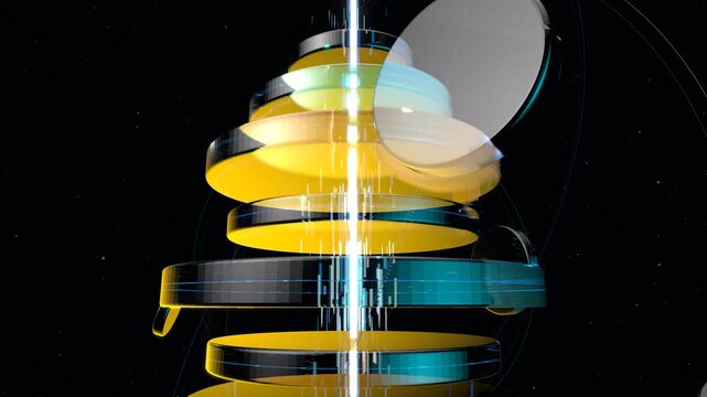 Vertical alignment of glowing energy nodes within a futuristic technology structure