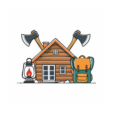 Cartoon log cabin with camping gear