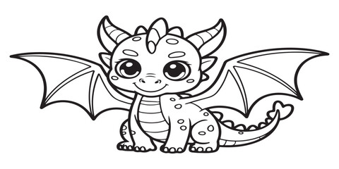 Fototapeta premium Friendly baby dragon illustration with folded wings and polka dot pattern for children creative graphic projects.