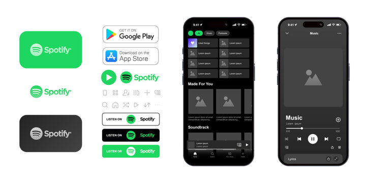 Spotify music streaming service app mockup with player interface mobile display on smartphone screen template design for digital audio playback media library ui ux track