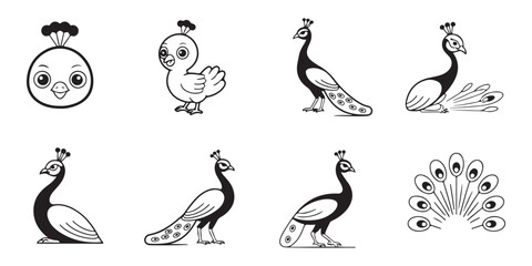 Obraz premium Stylized peacock illustrations including cartoon heads and elegant bird silhouettes for creative branding projects.