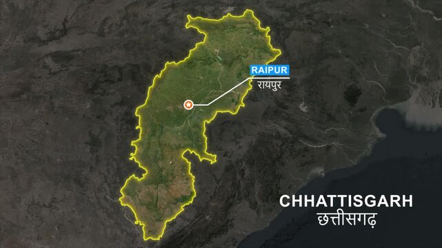 Chhattisgarh state map highlight animation, Pointing the capital Raipur in a marker and label text, Location pointer, outline glowing, geographic and political map