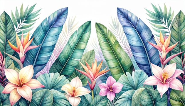 Vibrant close-up of tropical plants with pink and white flowers.