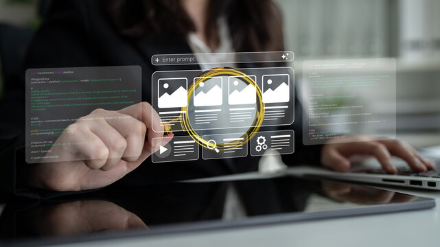 A businesswoman interacts with a digital interface displaying various multimedia elements in a sleek office. The scene captures modern technology and user engagement in action. Ledger