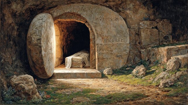 Empty tomb with rolled-away stone, illuminated interior, and draped burial cloth