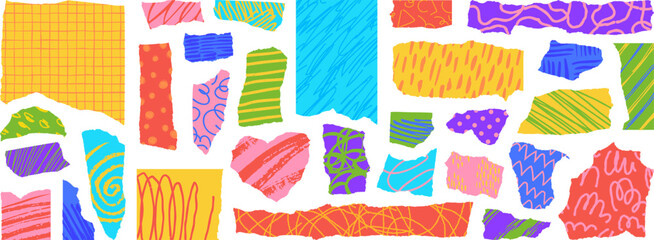 Obraz premium Torn colored paper scraps with abstract patterns, ripped notebook pages. Colorful paper pieces with ragged edges, grunge ragged memo note sheets, modern scrapbooking and collage elements vector set