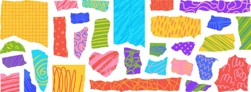 Torn colored paper scraps with abstract patterns, ripped notebook pages. Colorful paper pieces with ragged edges, grunge ragged memo note sheets, modern scrapbooking and collage elements vector set