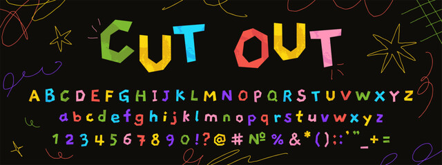 Obraz premium Colorful paper cutout collage font, kids alphabet with paper texture. Childish colored paper cut out letters and numbers, fun playful typeface with hand drawn doodle elements vector illustration