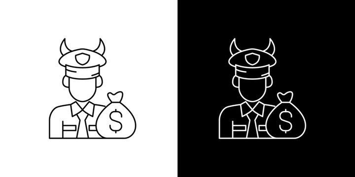 Corrupt police officer icon set with devil horns and money bag representing bribery and law enforcement misconduct
