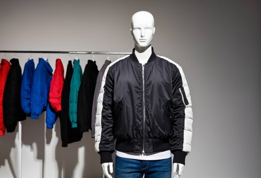Men's Military Outerwear Displayed Inside a Retail Clothing Store
