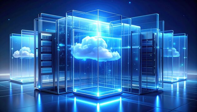 Abstract Cloud Computing Data Center Servers, Futuristic Blue Light Technology