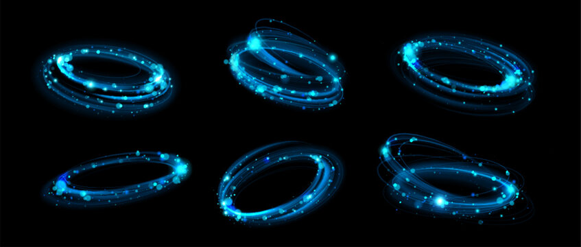 Luminous blue rings with neon sparkle effects isolated on black background. Vector realistic set of elegant turquoise circles with glowing flare particles and bokeh, luxury design elements