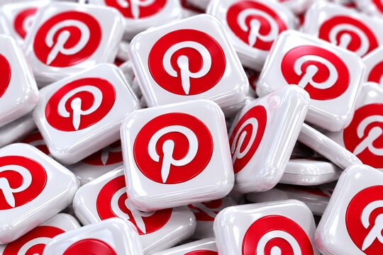 A large pile of shiny white square pins with the pinterest logo on them, which is a white p in a red circle, isolated on white background