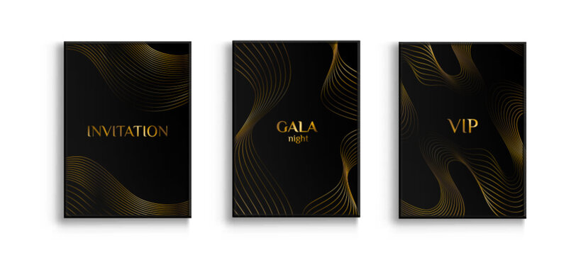 Premium gala black background with gold wave lines pattern, cover templates with golden curves. Abstract vector posters for VIP card, or wedding invitation design, glamour frames, award border banners