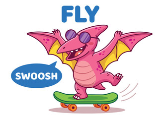 Cool pink pterodactyl dinosaur riding a green skateboard, cartoon flying reptile with sunglasses, funny prehistoric character vector illustration © Hiền