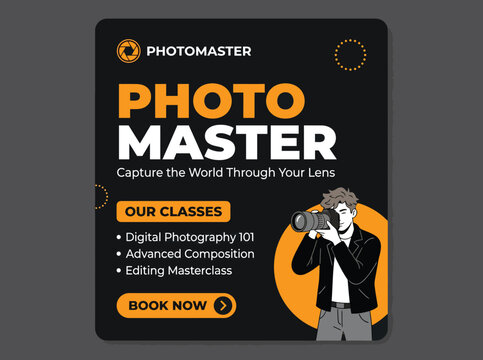 Photography masterclass social media post template, digital photo workshop banner, professional photographer course flyer with camera illustration