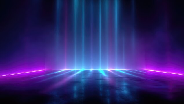 A vibrant, futuristic scene with a reflective surface. Vertical light beams in cyan and blue emanate from above, while the floor glows in magenta