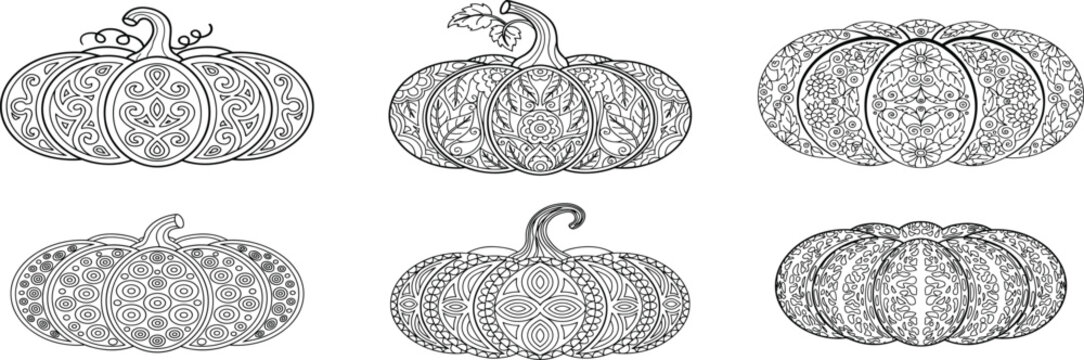 Black vector illustrations of decorative pumpkins with floral and geometric patterns