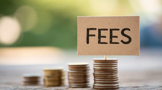 Stacks of coins with fees sign on top in increasing order
