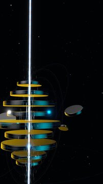 Right-offset vertical perspective of rotating cylindrical data banks glowing with internal cybernetic light