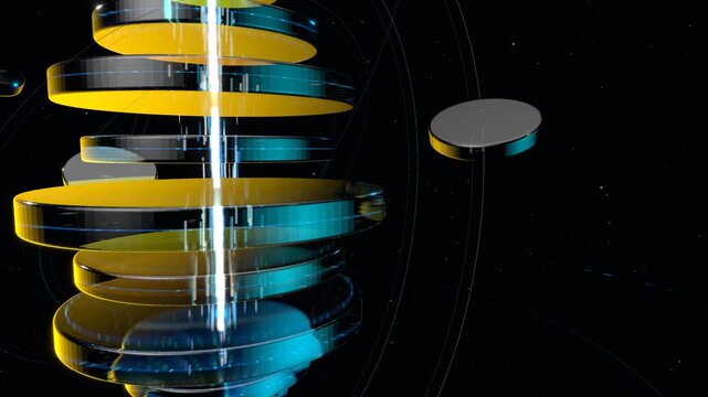 Right-offset perspective of rotating cylindrical data banks glowing with internal cybernetic light