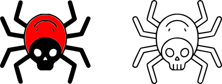 Cyber security threat and computer malware vector icons featuring spider symbols with a skull face representing internet hackers, spy bugs, virus attacks, and data piracy.